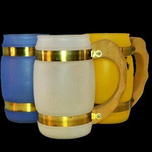 Siesta Ware Barrel Frosted Glass Mugs In Colors Wood Handles Vintage Drinkware